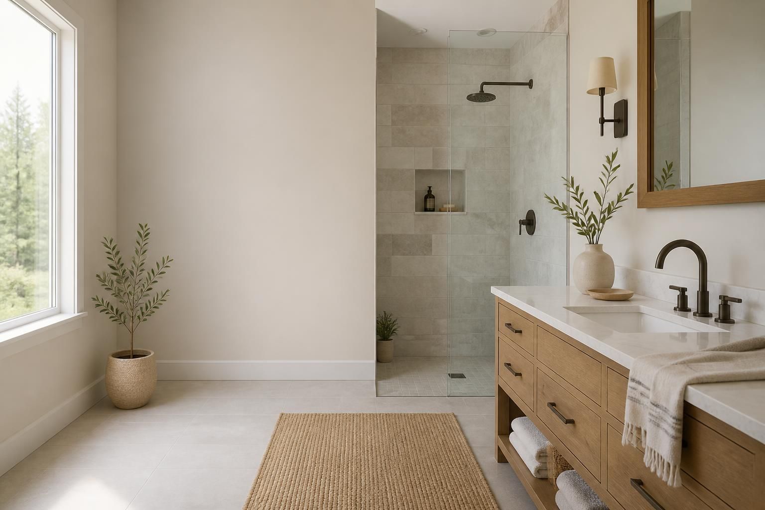 Bright finished bathroom with open space for text overlay.