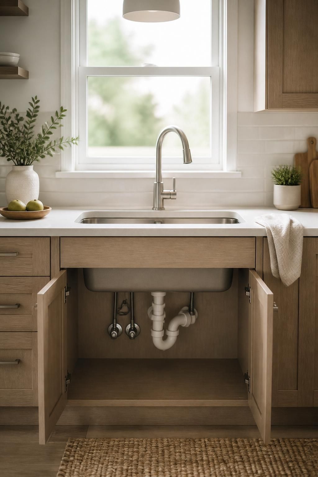 Modern kitchen with a clean sink and neatly finished plumbing.