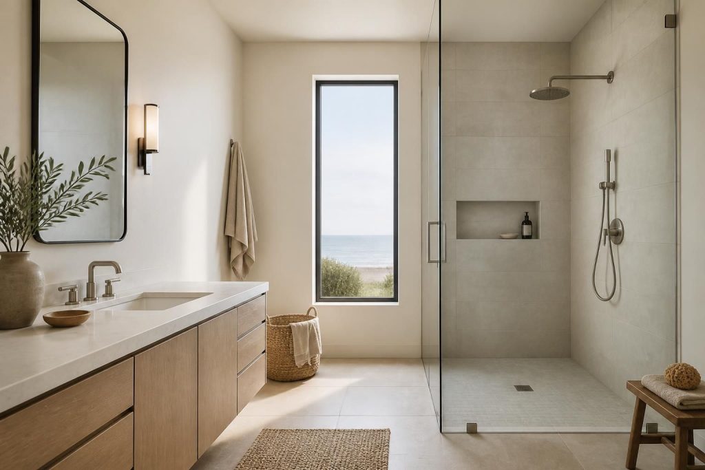 Modern bathroom with polished fixtures and a clean walk-in shower.